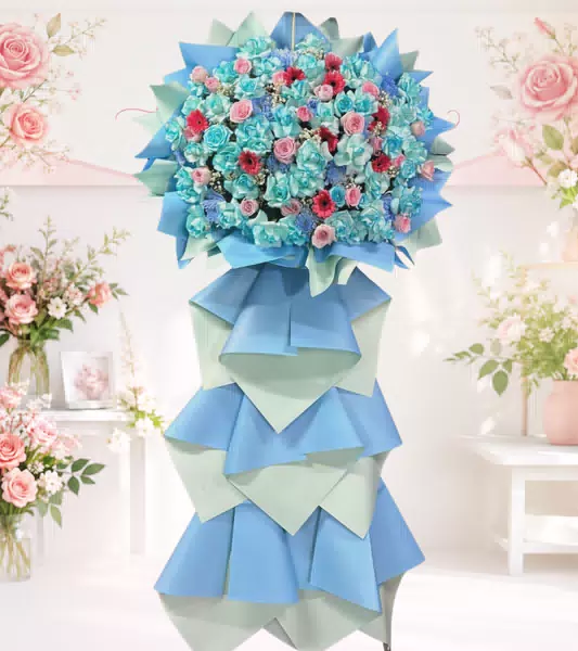 Kệ hoa khai trương tone xanh ngọc phối hồng