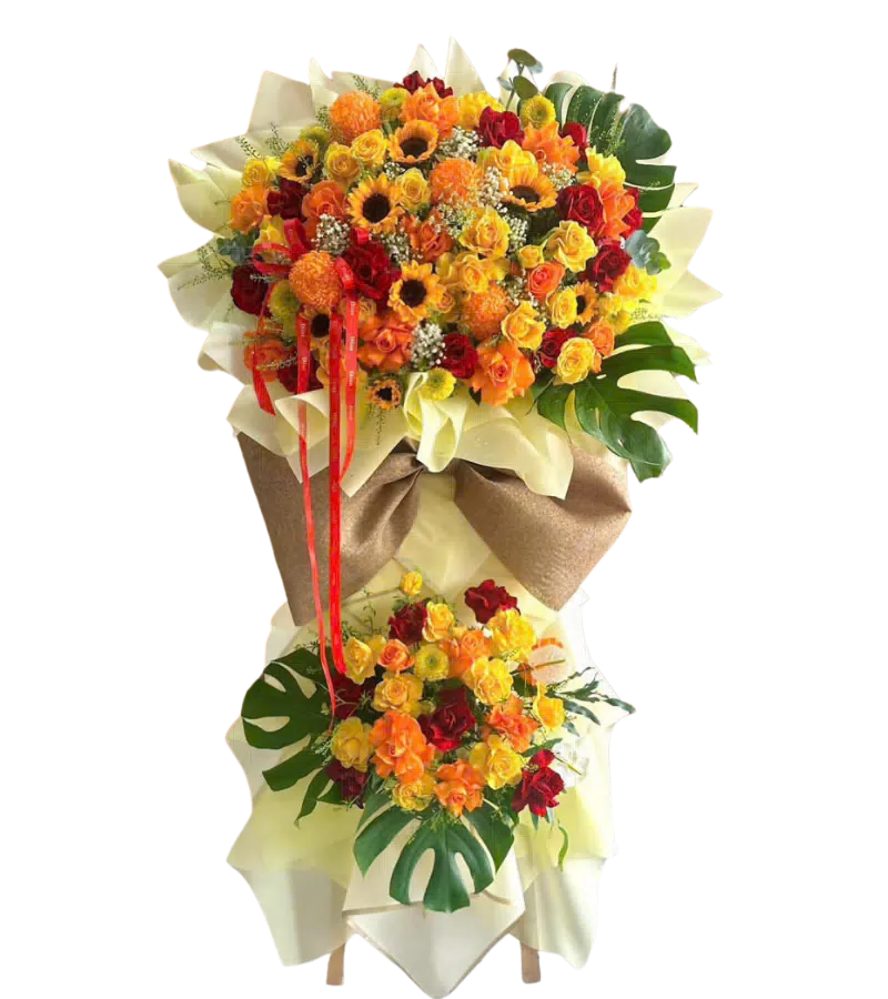 Kệ hoa khai trương vàng cam hướng dương nơ vàng 2 tầng