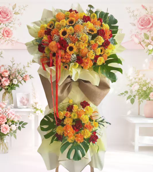 Kệ hoa khai trương vàng cam hướng dương nơ vàng 2 tầng