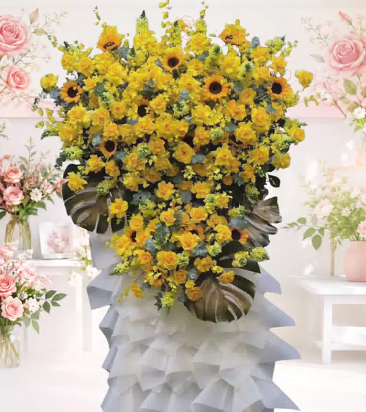 Kệ hoa khai trương vàng hướng dương bọc giấy trắng