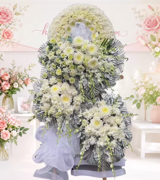 Kệ hoa tang lễ cúc trắng ba tầng lá bạc lớn