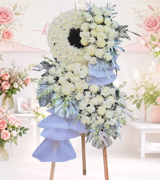 Kệ hoa tang lễ cúc trắng lá bạc ba tầng nơ trắng
