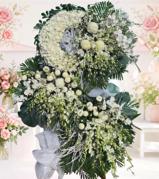 Kệ hoa tang lễ cúc trắng lan hồ điệp trắng nơ trắng