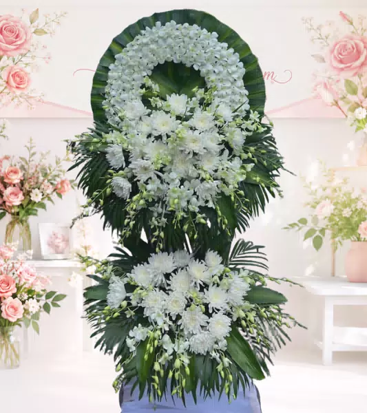 Kệ hoa tang lễ cúc trắng lan trắng hai tầng