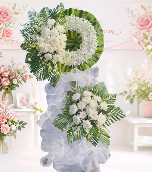Kệ hoa tang lễ cúc trắng lan trắng nơ lưới trắng đơn giản