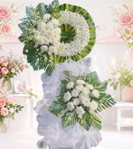 Kệ hoa tang lễ cúc trắng lan trắng nơ lưới trắng hai tầng