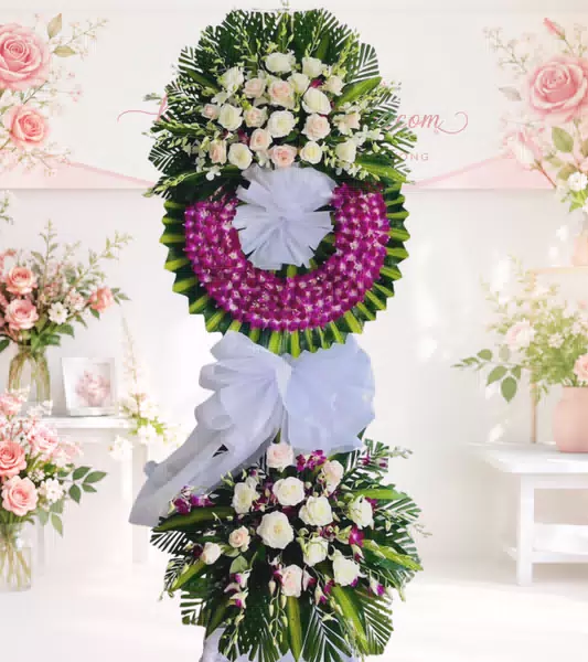 Kệ hoa tang lễ hồng phấn lan tím cẩm nơ trắng
