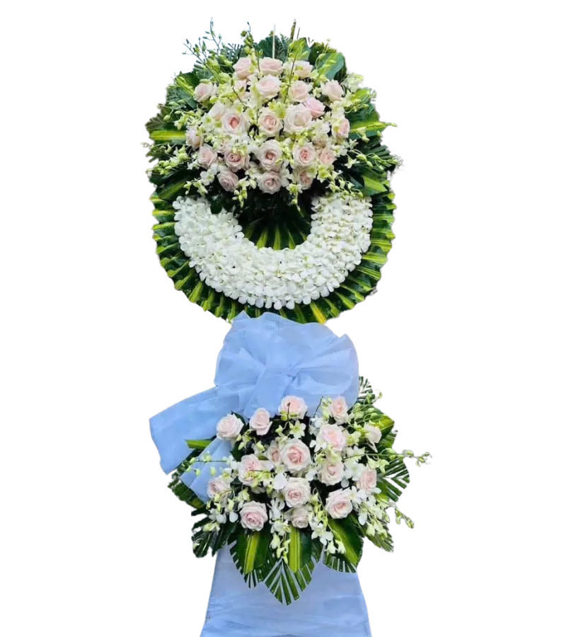 Kệ hoa tang lễ hồng phấn lan trắng nơ xanh dương