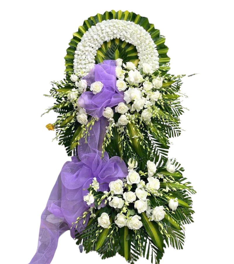 Kệ hoa tang lễ hồng trắng cẩm chướng trắng nơ tím