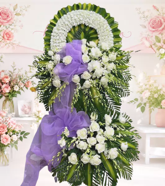Kệ hoa tang lễ hồng trắng cẩm chướng trắng nơ tím