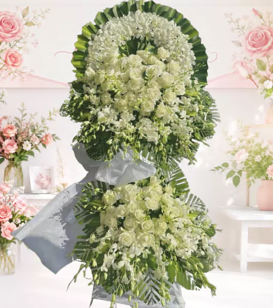 Kệ hoa tang lễ hồng trắng hai tầng nơ trắng