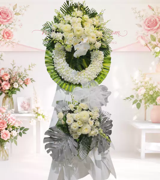 Kệ hoa tang lễ hồng trắng lá bạc
