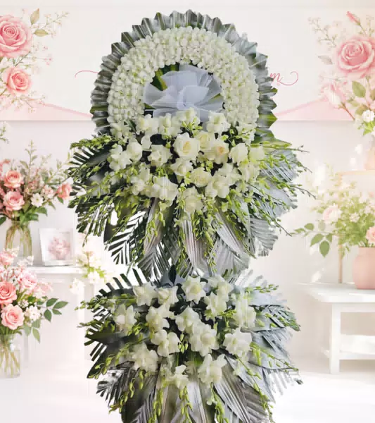 Kệ hoa tang lễ hồng trắng lá bạc hai tầng nơ trắng
