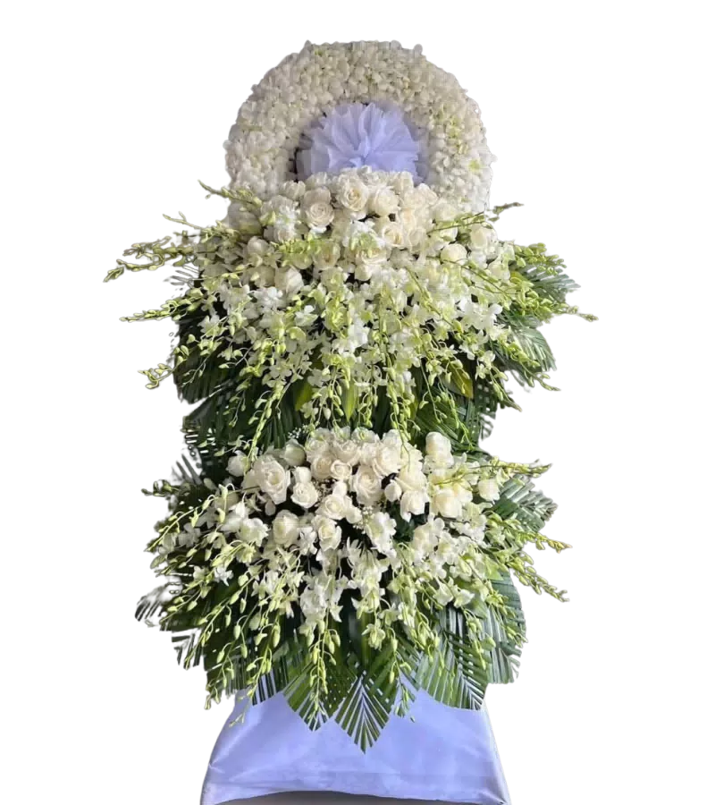 Kệ hoa tang lễ hồng trắng lan trắng hai tầng lớn