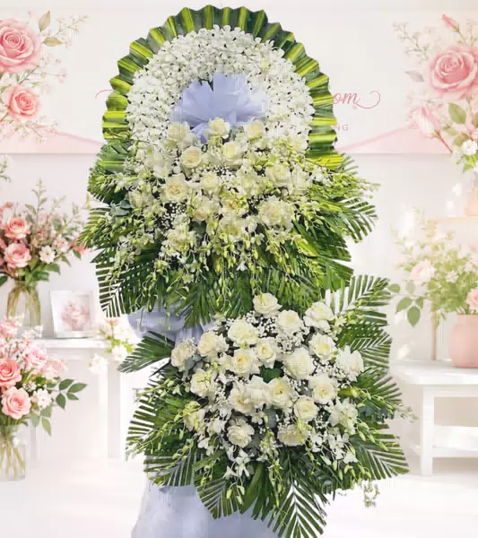Kệ hoa tang lễ hồng trắng lan trắng hai tầng nơ trắng 1