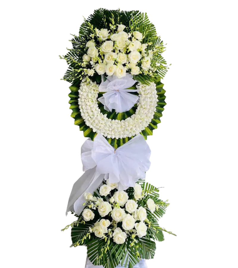 Kệ hoa tang lễ hồng trắng lan trắng nơ trắng thanh nhã