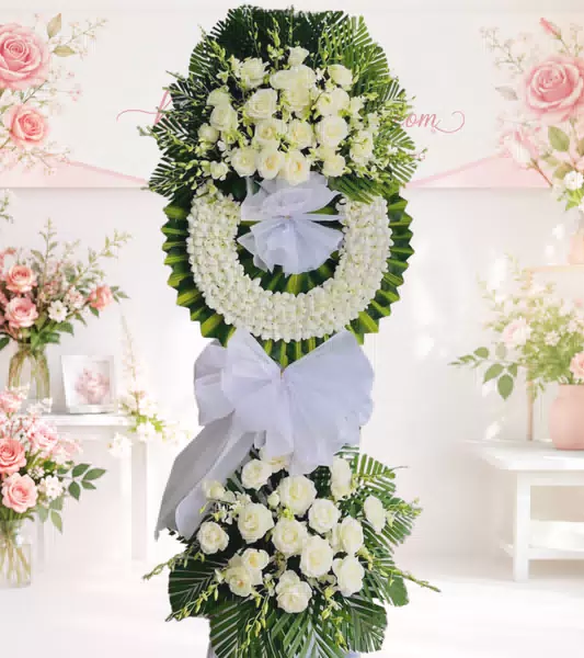 Kệ hoa tang lễ hồng trắng lan trắng nơ trắng thanh nhã