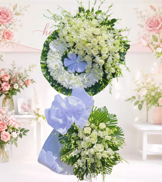 Kệ hoa tang lễ hồng trắng nơ xanh dương hai tầng