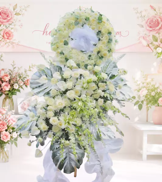 Kệ hoa tang lễ hồng vàng lá bạc nơ trắng