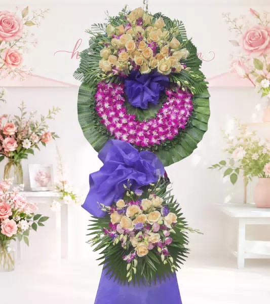 Kệ hoa tang lễ hồng vàng lan tím hai tầng