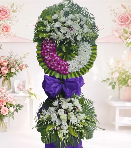 Kệ hoa tang lễ lan tím cẩm cúc trắng nơ tím hai tầng