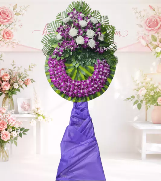Kệ hoa tang lễ lan tím cúc trắng nơ tím
