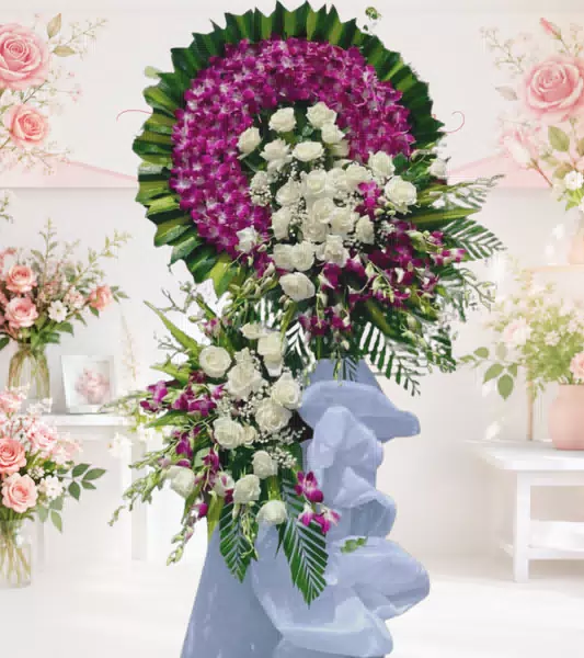 Kệ hoa tang lễ lan tím hồng trắng nơ trắng dáng nghiêng