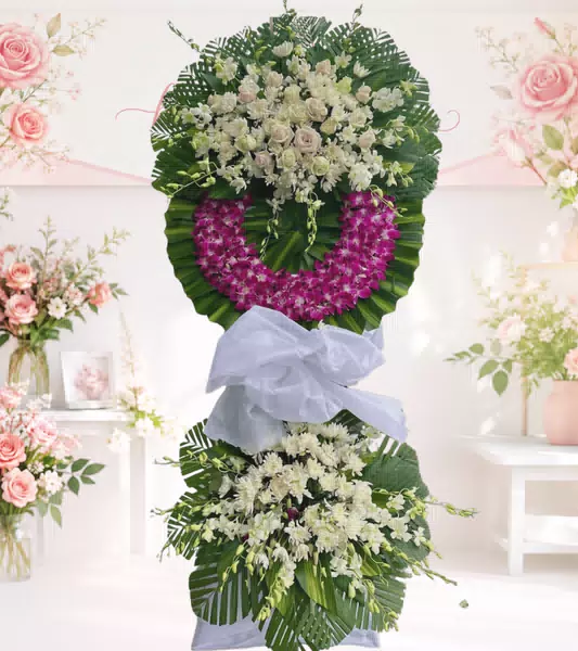Kệ hoa tang lễ lan tím hồng trắng nơ trắng hai tầng