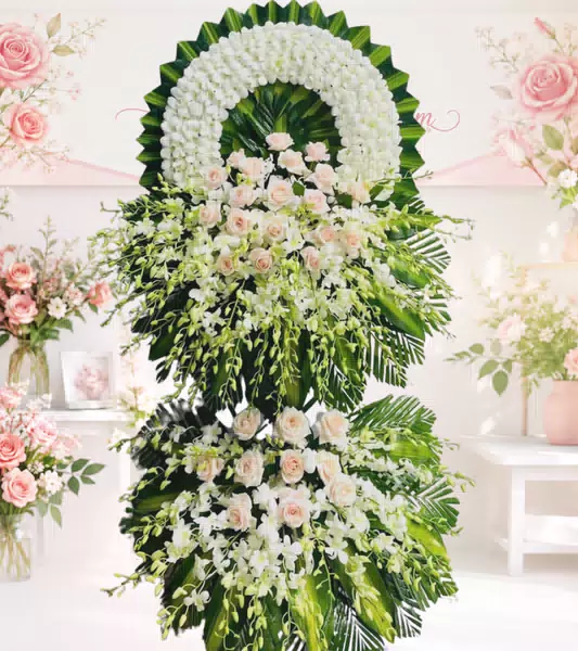 Kệ hoa tang lễ lan trắng hồng phấn hai tầng nhẹ nhàng