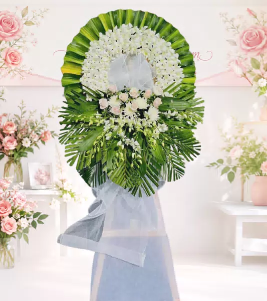 Kệ hoa tang lễ lan trắng hồng phấn nơ lưới trắng
