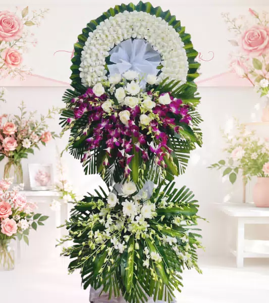 Kệ hoa tang lễ lan trắng lan tím cẩm hồng trắng hai tầng