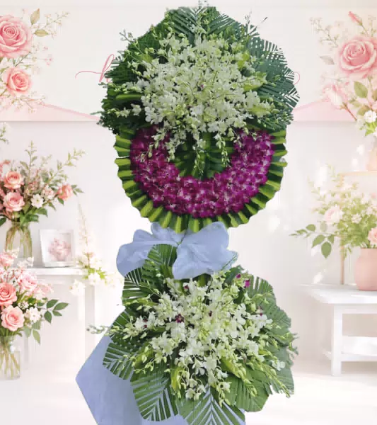 Kệ hoa tang lễ lan trắng lan tím cẩm nơ trắng