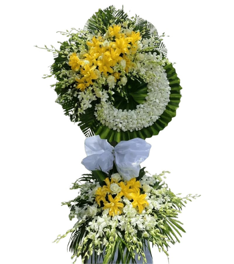 Kệ hoa tang lễ lily vàng lan trắng hai tầng nơ xanh