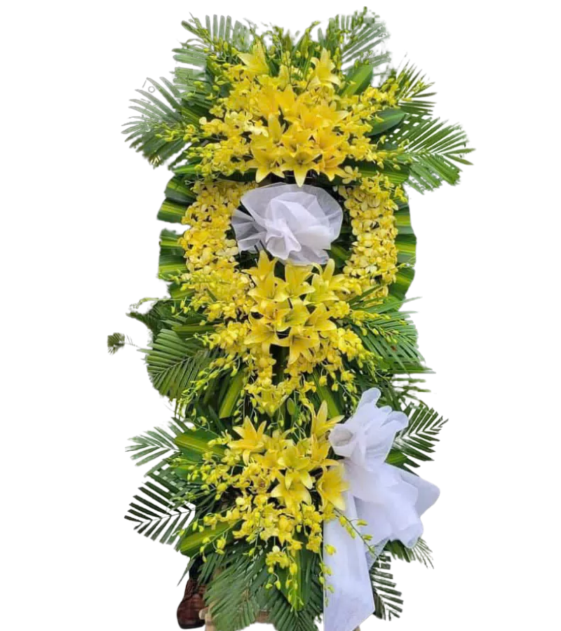 Kệ hoa tang lễ lily vàng lan vàng nơ trắng