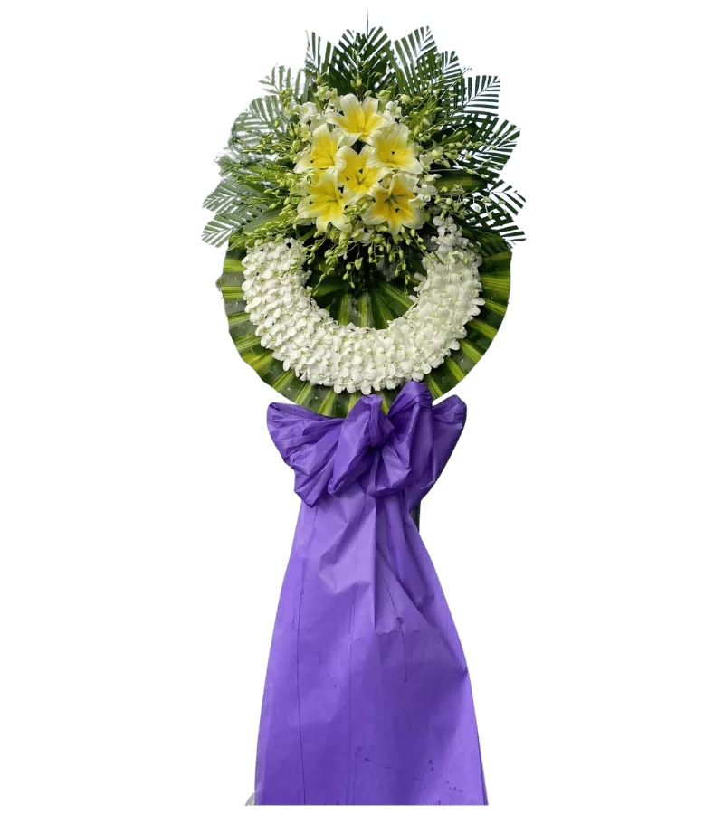 Kệ hoa tang lễ lily vàng nơ tím