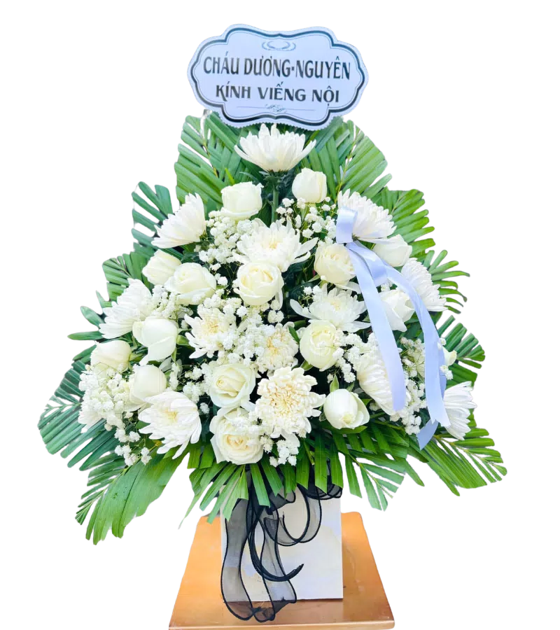 Lẵng hoa tang lễ hồng trắng cúc trắng có bảng kính viếng