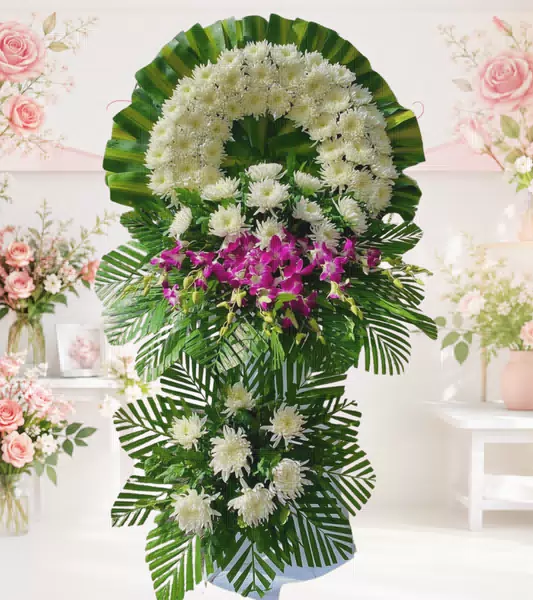 Vòng hoa chia buồn cúc trắng lan tím đậm