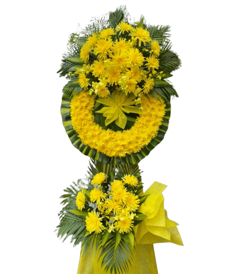 Vòng hoa chia buồn cúc vàng hai tầng nơ vàng