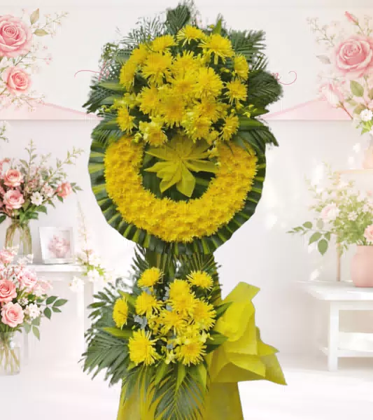 Vòng hoa chia buồn cúc vàng hai tầng nơ vàng