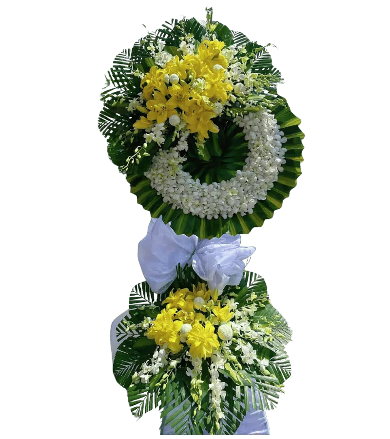 Vòng hoa chia buồn hai tầng cúc vàng trắng