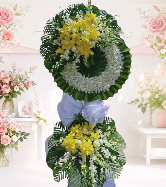 Vòng hoa chia buồn hai tầng cúc vàng trắng