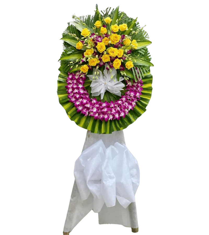 Vòng hoa chia buồn hồng vàng lan tím đậm