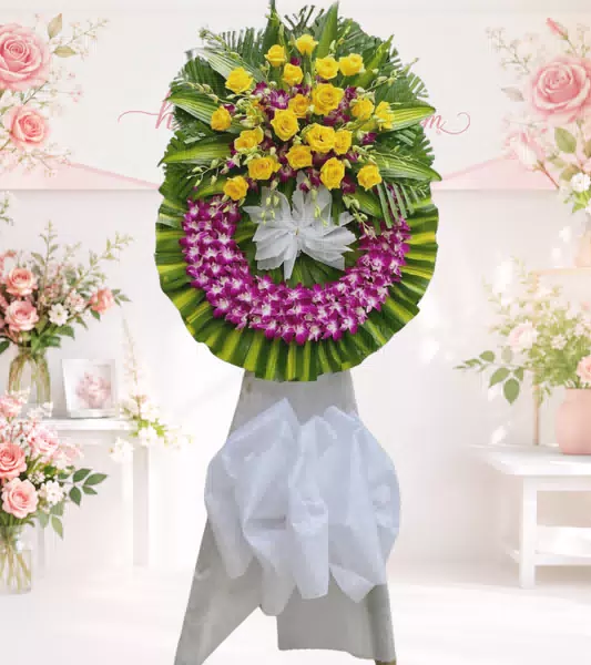 Vòng hoa chia buồn hồng vàng lan tím đậm