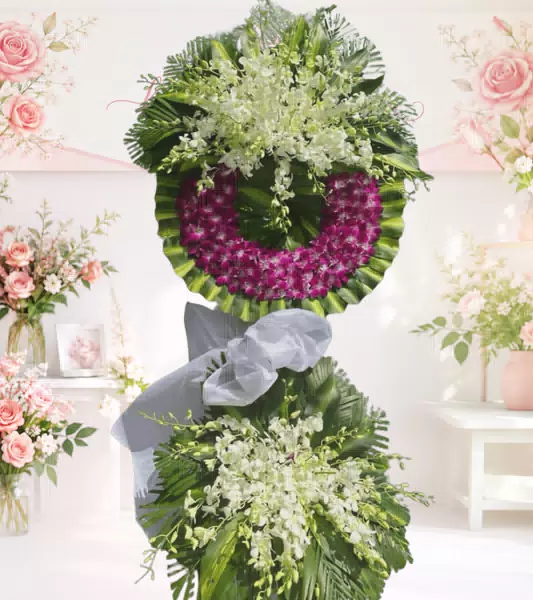 Vòng hoa chia buồn lan tím đậm hai tầng