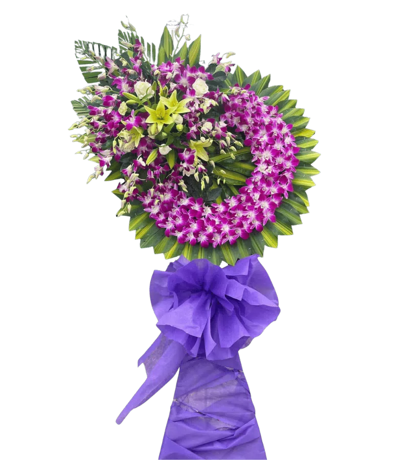 Vòng hoa chia buồn lan tím đậm nơ tím