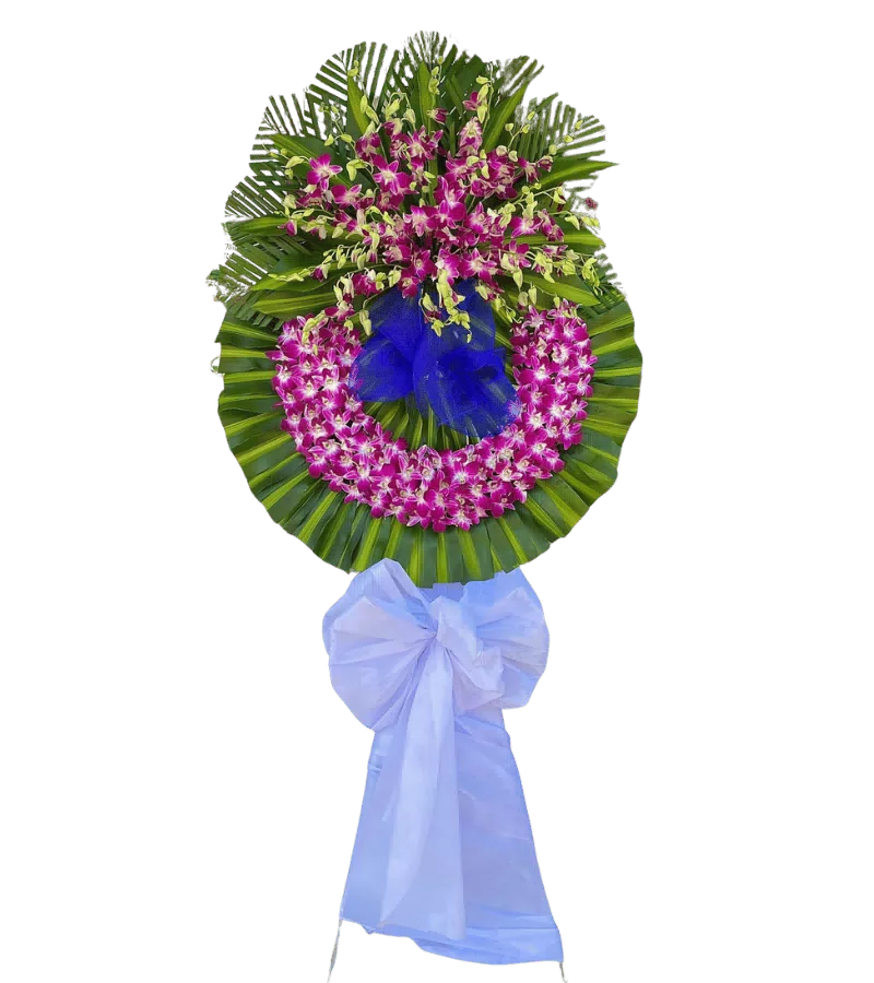 Vòng hoa chia buồn lan tím đậm nơ xanh dương