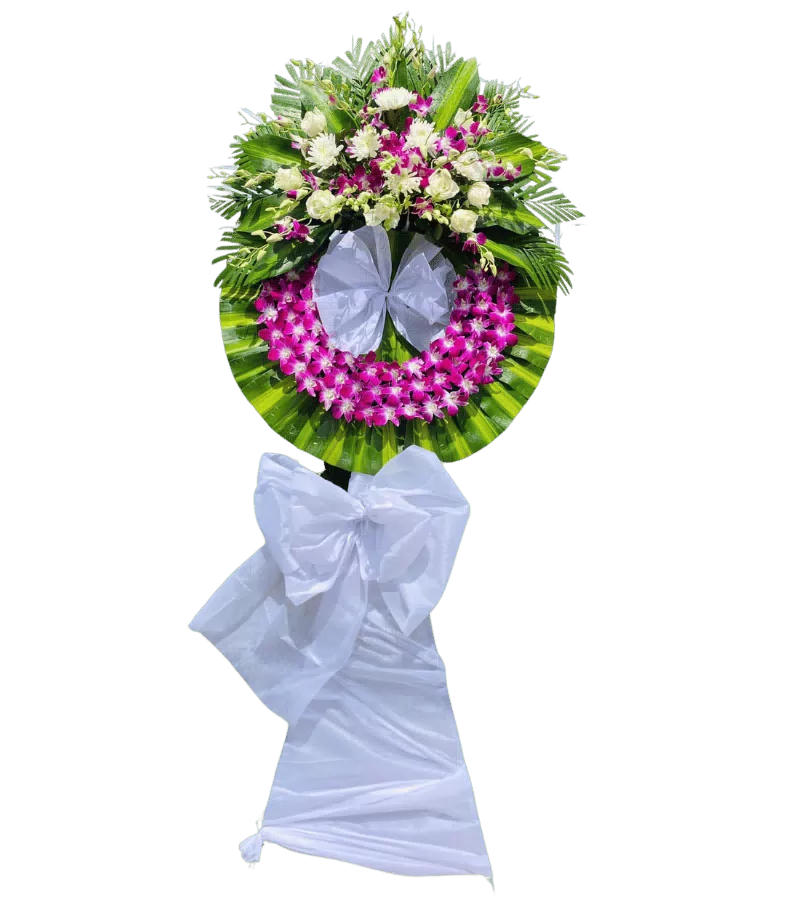 Vòng hoa chia buồn lan tím trắng