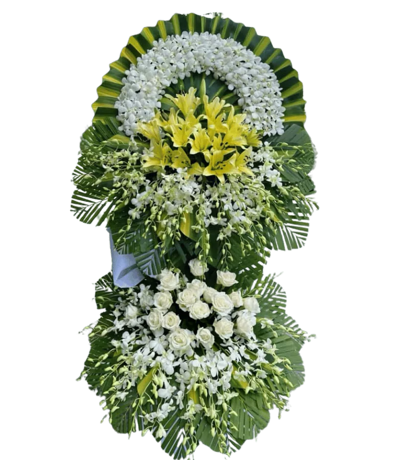 Vòng hoa chia buồn ly vàng hồng trắng