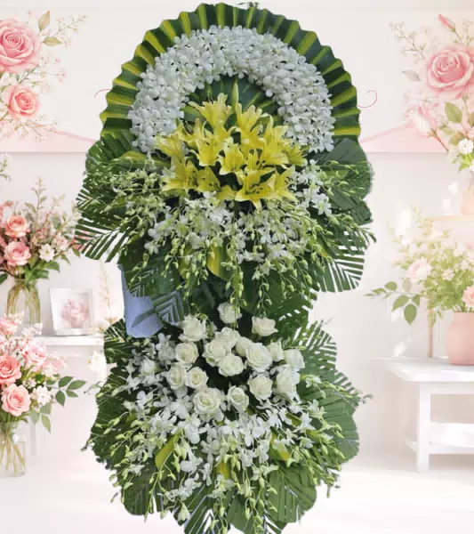 Vòng hoa chia buồn ly vàng hồng trắng