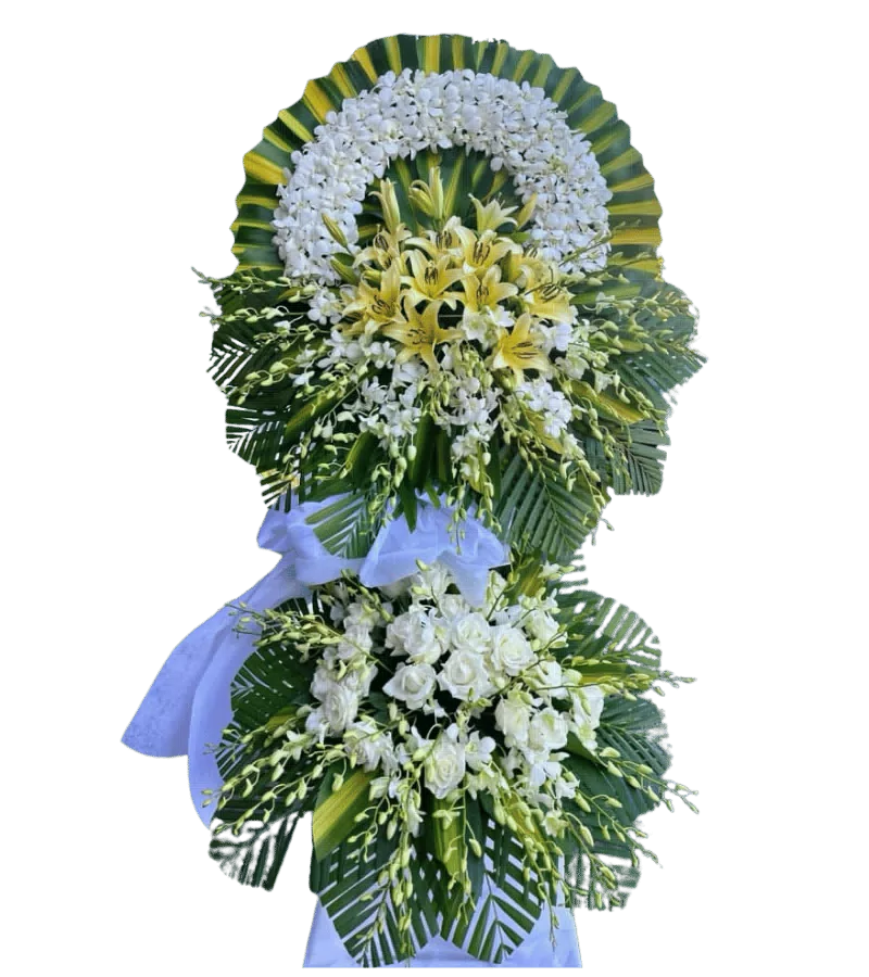 Vòng hoa chia buồn ly vàng hồng trắng hai tầng